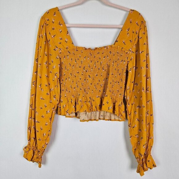 BP Mustard Yellow Floral Shirred Ruffle Hem Long Sleeve Crop Top L - Picture 7 of 8